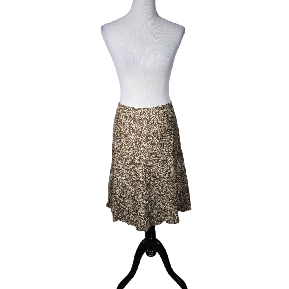 East 5th Petite 14P Brown Cream Geometric Print A-Line Linen Blend Skirt